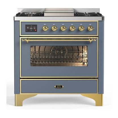 ILVE Majestic III 36-Inch Dual Fuel Range with 6 Sealed Burners + Griddle, 3.5 cu. ft. Oven, Blue Grey with Brass Trim, Natural Gas, Triple Glass Door, UM36FNR3BGG