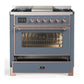 ILVE Majestic III 36-Inch Dual Fuel Range with 6 Sealed Burners + Griddle, 3.5 cu. ft. Oven, Blue Grey with Copper Trim, Liquid Propane, Triple Glass Door, UM36FNR3BGPLP