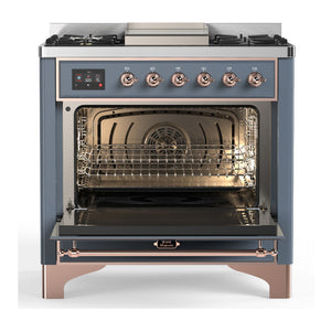 ILVE Majestic III 36-Inch Dual Fuel Range with 6 Sealed Burners + Griddle, 3.5 cu. ft. Oven, Blue Grey with Copper Trim, Natural Gas, Triple Glass Door, UM36FNR3BGP