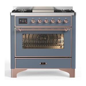 ILVE Majestic III 36-Inch Dual Fuel Range with 6 Sealed Burners + Griddle, 3.5 cu. ft. Oven, Blue Grey with Copper Trim, Natural Gas, Triple Glass Door, UM36FNR3BGP