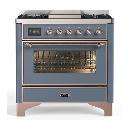 ILVE Majestic III 36-Inch Dual Fuel Range with 6 Sealed Burners + Griddle, 3.5 cu. ft. Oven, Blue Grey with Copper Trim, Natural Gas, Triple Glass Door, UM36FNR3BGP