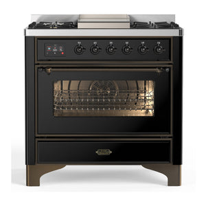 ILVE Majestic III 36-Inch Dual Fuel Range with 6 Sealed Burners + Griddle, 3.5 cu. ft. Oven, Glossy Black with Burnished Trim, Liquid Propane, Triple Glass Door, UM36FNR3BKBLP