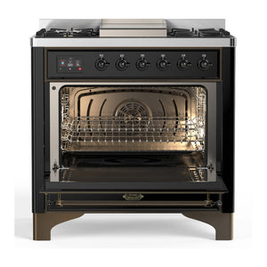 ILVE Majestic III 36-Inch Dual Fuel Range with 6 Sealed Burners + Griddle, 3.5 cu. ft. Oven, Glossy Black with Burnished Trim, Natural Gas, Triple Glass Door, UM36FNR3BKB