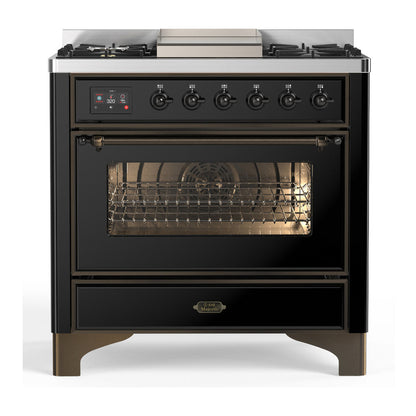 ILVE Majestic III 36-Inch Dual Fuel Range with 6 Sealed Burners + Griddle, 3.5 cu. ft. Oven, Glossy Black with Burnished Trim, Natural Gas, Triple Glass Door, UM36FNR3BKB