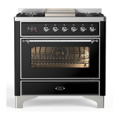 ILVE Majestic III 36-Inch Dual Fuel Range with 6 Sealed Burners + Griddle, 3.5 cu. ft. Oven, Glossy Black with Chrome Trim, Liquid Propane, Triple Glass Door, UM36FNR3BKCLP