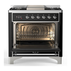 ILVE Majestic III 36-Inch Dual Fuel Range with 6 Sealed Burners + Griddle, 3.5 cu. ft. Oven, Glossy Black with Chrome Trim, Natural Gas, Triple Glass Door, UM36FNR3BKC