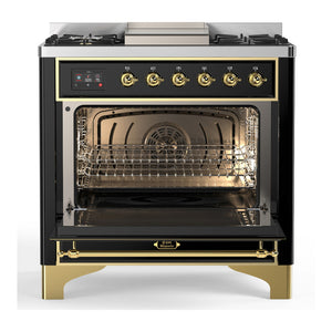 ILVE Majestic III 36-Inch Dual Fuel Range with 6 Sealed Burners + Griddle, 3.5 cu. ft. Oven, Glossy Black with Brass Trim, Liquid Propane, Triple Glass Door, UM36FNR3BKGLP