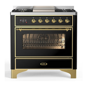 ILVE Majestic III 36-Inch Dual Fuel Range with 6 Sealed Burners + Griddle, 3.5 cu. ft. Oven, Glossy Black with Brass Trim, Natural Gas, Triple Glass Door, UM36FNR3BKG