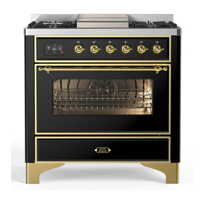 ILVE Majestic III 36-Inch Dual Fuel Range with 6 Sealed Burners + Griddle, 3.5 cu. ft. Oven, Glossy Black with Brass Trim, Natural Gas, Triple Glass Door, UM36FNR3BKG