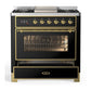 ILVE Majestic III 36-Inch Dual Fuel Range with 6 Sealed Burners + Griddle, 3.5 cu. ft. Oven, Glossy Black with Brass Trim, Natural Gas, Triple Glass Door, UM36FNR3BKG