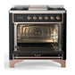ILVE Majestic III 36-Inch Dual Fuel Range with 6 Sealed Burners + Griddle, 3.5 cu. ft. Oven, Glossy Black with Copper Trim, Liquid Propane, Triple Glass Door, UM36FNR3BKPLP