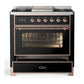 ILVE Majestic III 36-Inch Dual Fuel Range with 6 Sealed Burners + Griddle, 3.5 cu. ft. Oven, Glossy Black with Copper Trim, Liquid Propane, Triple Glass Door, UM36FNR3BKPLP