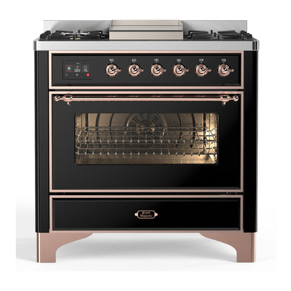 ILVE Majestic III 36-Inch Dual Fuel Range with 6 Sealed Burners + Griddle, 3.5 cu. ft. Oven, Glossy Black with Copper Trim, Liquid Propane, Triple Glass Door, UM36FNR3BKPLP
