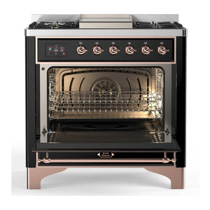 ILVE Majestic III 36-Inch Dual Fuel Range with 6 Sealed Burners + Griddle, 3.5 cu. ft. Oven, Glossy Black with Copper Trim, Natural Gas, Triple Glass Door, UM36FNR3BKP