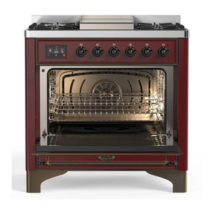 ILVE Majestic III 36-Inch Dual Fuel Range with 6 Sealed Burners + Griddle, 3.5 cu. ft. Oven, Burgundy with Burnished Trim, Liquid Propane, Triple Glass Door, UM36FNR3BUBLP