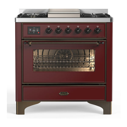 ILVE Majestic III 36-Inch Dual Fuel Range with 6 Sealed Burners + Griddle, 3.5 cu. ft. Oven, Burgundy with Burnished Trim, Liquid Propane, Triple Glass Door, UM36FNR3BUBLP