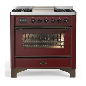 ILVE Majestic III 36-Inch Dual Fuel Range with 6 Sealed Burners + Griddle, 3.5 cu. ft. Oven, Burgundy with Burnished Trim, Natural Gas, Triple Glass Door, UM36FNR3BUB