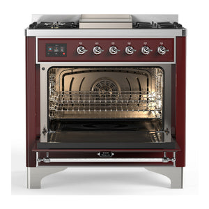 ILVE Majestic III 36-Inch Dual Fuel Range with 6 Sealed Burners + Griddle, 3.5 cu. ft. Oven, Burgundy with Chrome Trim, Liquid Propane, Triple Glass Door, UM36FNR3BUCLP