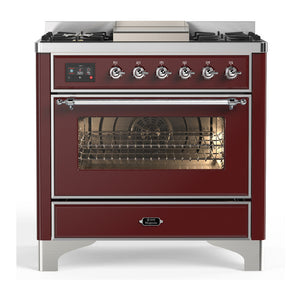 ILVE Majestic III 36-Inch Dual Fuel Range with 6 Sealed Burners + Griddle, 3.5 cu. ft. Oven, Burgundy with Chrome Trim, Natural Gas, Triple Glass Door, UM36FNR3BUC