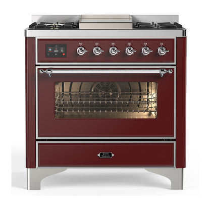 ILVE Majestic III 36-Inch Dual Fuel Range with 6 Sealed Burners + Griddle, 3.5 cu. ft. Oven, Burgundy with Chrome Trim, Natural Gas, Triple Glass Door, UM36FNR3BUC