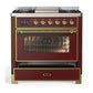 ILVE Majestic III 36-Inch Dual Fuel Range with 6 Sealed Burners + Griddle, 3.5 cu. ft. Oven, Burgundy with Brass Trim, Liquid Propane, Triple Glass Door, UM36FNR3BUGLP