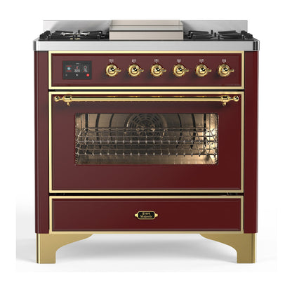 ILVE Majestic III 36-Inch Dual Fuel Range with 6 Sealed Burners + Griddle, 3.5 cu. ft. Oven, Burgundy with Brass Trim, Liquid Propane, Triple Glass Door, UM36FNR3BUGLP