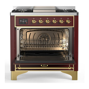 ILVE Majestic III 36-Inch Dual Fuel Range with 6 Sealed Burners + Griddle, 3.5 cu. ft. Oven, Burgundy with Brass Trim, Natural Gas, Triple Glass Door, UM36FNR3BUG