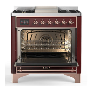 ILVE Majestic III 36-Inch Dual Fuel Range with 6 Sealed Burners + Griddle, 3.5 cu. ft. Oven, Burgundy with Copper Trim, Liquid Propane, Triple Glass Door, UM36FNR3BUPLP