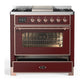 ILVE Majestic III 36-Inch Dual Fuel Range with 6 Sealed Burners + Griddle, 3.5 cu. ft. Oven, Burgundy with Copper Trim, Natural Gas, Triple Glass Door, UM36FNR3BUP