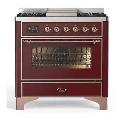 ILVE Majestic III 36-Inch Dual Fuel Range with 6 Sealed Burners + Griddle, 3.5 cu. ft. Oven, Burgundy with Copper Trim, Natural Gas, Triple Glass Door, UM36FNR3BUP