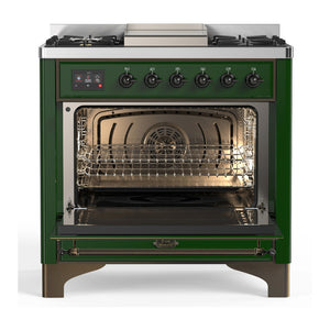 ILVE Majestic III 36-Inch Dual Fuel Range with 6 Sealed Burners + Griddle, 3.5 cu. ft. Oven, Emerald Green with Burnished Trim, Liquid Propane, Triple Glass Door, UM36FNR3EGBLP
