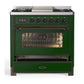 ILVE Majestic III 36-Inch Dual Fuel Range with 6 Sealed Burners + Griddle, 3.5 cu. ft. Oven, Emerald Green with Burnished Trim, Natural Gas, Triple Glass Door, UM36FNR3EGB