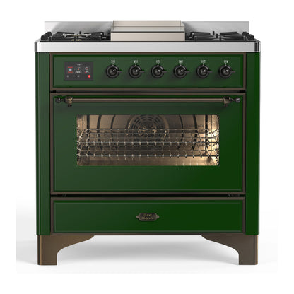 ILVE Majestic III 36-Inch Dual Fuel Range with 6 Sealed Burners + Griddle, 3.5 cu. ft. Oven, Emerald Green with Burnished Trim, Natural Gas, Triple Glass Door, UM36FNR3EGB