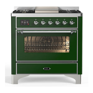 ILVE Majestic III 36-Inch Dual Fuel Range with 6 Sealed Burners + Griddle, 3.5 cu. ft. Oven, Emerald Green with Chrome Trim, Liquid Propane, Triple Glass Door, UM36FNR3EGCLP