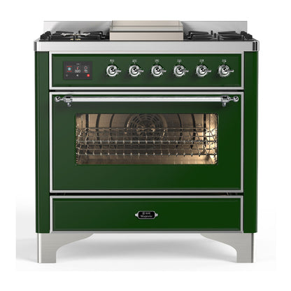 ILVE Majestic III 36-Inch Dual Fuel Range with 6 Sealed Burners + Griddle, 3.5 cu. ft. Oven, Emerald Green with Chrome Trim, Natural Gas, Triple Glass Door, UM36FNR3EGC