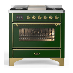 ILVE Majestic III 36-Inch Dual Fuel Range with 6 Sealed Burners + Griddle, 3.5 cu. ft. Oven, Emerald Green with Brass Trim, Liquid Propane, Triple Glass Door, UM36FNR3EGGLP