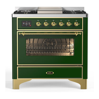 ILVE Majestic III 36-Inch Dual Fuel Range with 6 Sealed Burners + Griddle, 3.5 cu. ft. Oven, Emerald Green with Brass Trim, Liquid Propane, Triple Glass Door, UM36FNR3EGGLP
