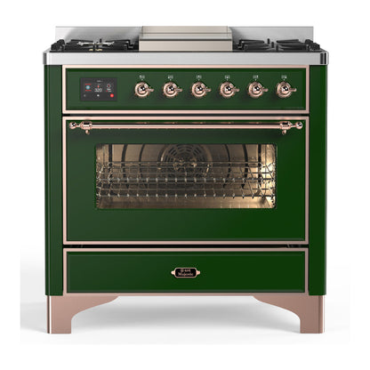 ILVE Majestic III 36-Inch Dual Fuel Range with 6 Sealed Burners + Griddle, 3.5 cu. ft. Oven, Emerald Green with Copper Trim, Liquid Propane, Triple Glass Door, UM36FNR3EGPLP
