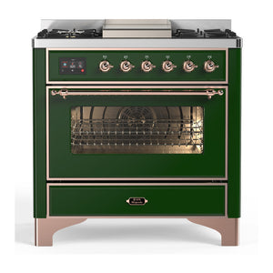 ILVE Majestic III 36-Inch Dual Fuel Range with 6 Sealed Burners + Griddle, 3.5 cu. ft. Oven, Emerald Green with Copper Trim, Natural Gas, Triple Glass Door, UM36FNR3EGP