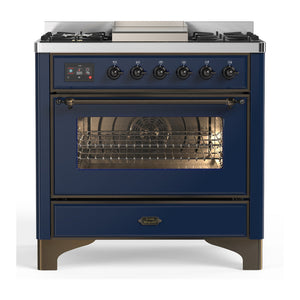 ILVE Majestic III 36-Inch Dual Fuel Range with 6 Sealed Burners + Griddle, 3.5 cu. ft. Oven, Mightnight Blue with Burnished Trim, Natural Gas, Triple Glass Door, UM36FNR3MBB