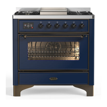 ILVE Majestic III 36-Inch Dual Fuel Range with 6 Sealed Burners + Griddle, 3.5 cu. ft. Oven, Mightnight Blue with Burnished Trim, Natural Gas, Triple Glass Door, UM36FNR3MBB