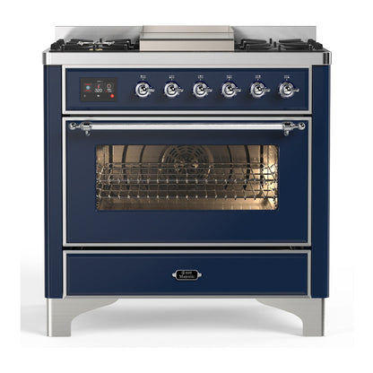 ILVE Majestic III 36-Inch Dual Fuel Range with 6 Sealed Burners + Griddle, 3.5 cu. ft. Oven, Mightnight Blue with Chrome Trim, Natural Gas, Triple Glass Door, UM36FNR3MBC