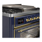ILVE Majestic III 36-Inch Dual Fuel Range with 6 Sealed Burners + Griddle, 3.5 cu. ft. Oven, Mightnight Blue with Brass Trim, Natural Gas, Triple Glass Door, UM36FNR3MBG