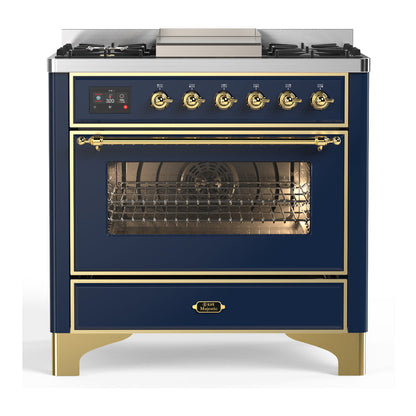 ILVE Majestic III 36-Inch Dual Fuel Range with 6 Sealed Burners + Griddle, 3.5 cu. ft. Oven, Mightnight Blue with Brass Trim, Natural Gas, Triple Glass Door, UM36FNR3MBG