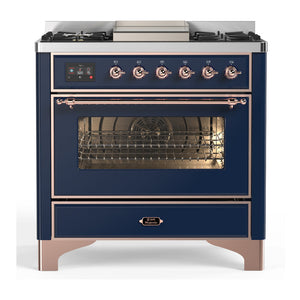 ILVE Majestic III 36-Inch Dual Fuel Range with 6 Sealed Burners + Griddle, 3.5 cu. ft. Oven, Mightnight Blue with Copper Trim, Liquid Propane, Triple Glass Door, UM36FNR3MBPLP