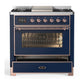 ILVE Majestic III 36-Inch Dual Fuel Range with 6 Sealed Burners + Griddle, 3.5 cu. ft. Oven, Mightnight Blue with Copper Trim, Natural Gas, Triple Glass Door, UM36FNR3MBP