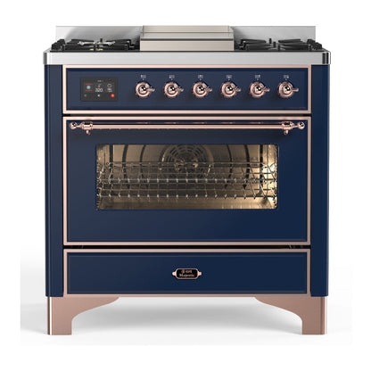 ILVE Majestic III 36-Inch Dual Fuel Range with 6 Sealed Burners + Griddle, 3.5 cu. ft. Oven, Mightnight Blue with Copper Trim, Natural Gas, Triple Glass Door, UM36FNR3MBP