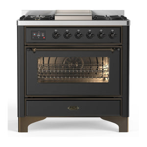 ILVE Majestic III 36-Inch Dual Fuel Range with 6 Sealed Burners + Griddle, 3.5 cu. ft. Oven, Matte Graphite with Burnished Trim, Liquid Propane, Triple Glass Door, UM36FNR3MGBLP