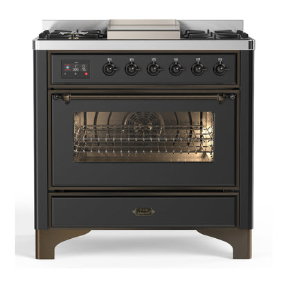ILVE Majestic III 36-Inch Dual Fuel Range with 6 Sealed Burners + Griddle, 3.5 cu. ft. Oven, Matte Graphite with Burnished Trim, Liquid Propane, Triple Glass Door, UM36FNR3MGBLP