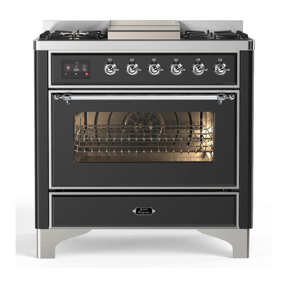 ILVE Majestic III 36-Inch Dual Fuel Range with 6 Sealed Burners + Griddle, 3.5 cu. ft. Oven, Matte Graphite with Chrome Trim, Liquid Propane, Triple Glass Door, UM36FNR3MGCLP